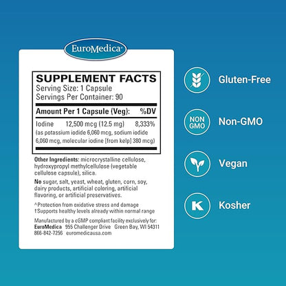 EuroMedica Tri-Iodine - Support Thyroid Health - Aids Hormone Balance with Molecular Iodine from Kelp - Features Potassium Iodide & Sodium Iodide - Brain & Energy Support - 12.5mg, 90 Capsules