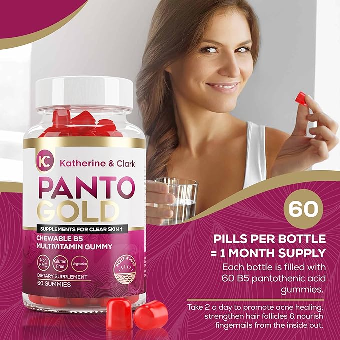 Katherine & Clark Panto Gold Vitamin B5 Pantothenic Acid Gummies for Acne - Hair Skin and Nails Gummies - Biotin, Zinc, Folic Acid Chewable Non-GMO Gluten-Free for Body - Oily Skin Gummies - 60 Count