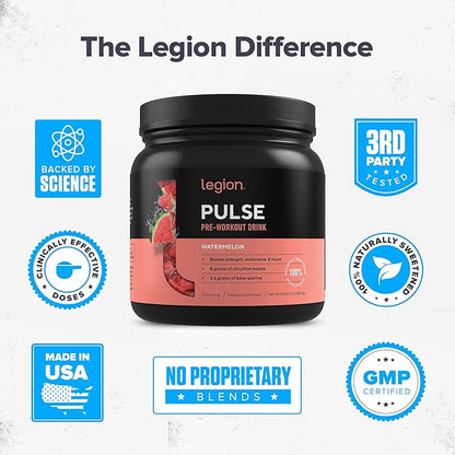 LEGION- All Natural Nitric Oxide Preworkout Drink to Boost Energy, Creatine Free, Naturally Sweetened, Beta Alanine, Citrulline, Alpha GPC (Watermelon)