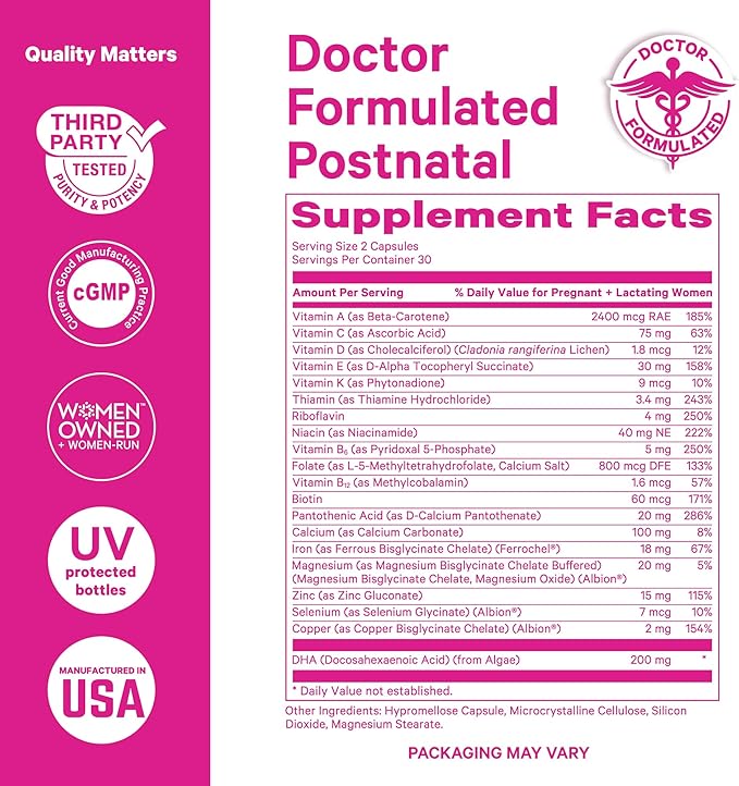 Pink Stork Total Postnatal Vitamins for Women - Mint Essenced Capsules with Vegan DHA, Iron, Folate, and Vitamin B12, Postpartum Recovery Essentials - 1 Month Supply
