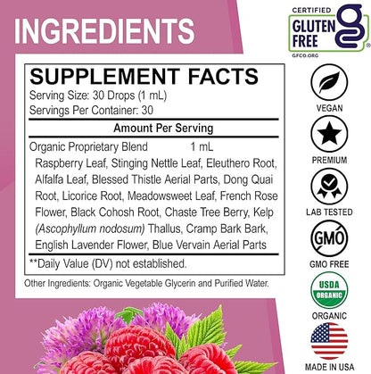 Hormone Balance for Women & PMS Relief - Women's Wellness Organic Hormonal Balance Supplements Liquid Drops & Menstrual Cramp Period Support - Raspberry Leaf, Chasteberry, Black Cohosh Supplement 1 Oz
