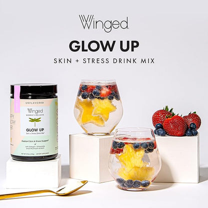 Winged Glow Up Collagen Powder 3 Pack | Hair, Skin, Nails & Stress Relief for Women | Grass Fed Collagen Peptides w/Adaptogen Schisandra, Snow Mushroom, Vitamin C & Biotin | Unflavored (75 Servings)
