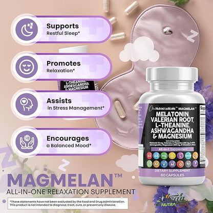 Clean Nutraceuticals Melatonin 10mg Valerian Root L Theanine 200mg Ashwagandha - Sleep Support for Women & Men with Magnesium Complex, Lemon Balm, Chamomile, & Passion Flower - 60 Caps
