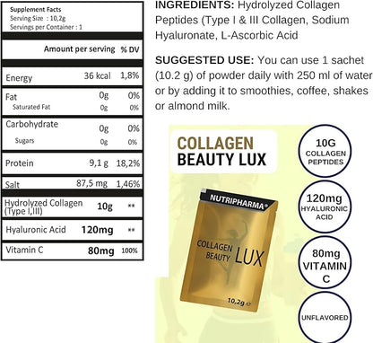 Collagen Beauty Lux, Hydrolyzed Collagen Peptides Powder for Women & Men, Promotes Hair, Nail, Skin,Unflavored Collagen Powder with Hyaluronic Acid and Vitamin C, 1 Serving, 0,36 oz