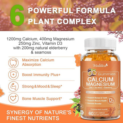 Calcium Gummies with D3,K2,Zinc - Plant Complex Calcium Magnesium Supplement with Glycinate,Potassium,Vitamin C &Whole Natural Food for Bone & Immune Support- 60 Chewable Gummy Sugar-Free