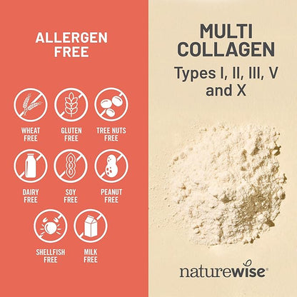 NatureWise Multi Collagen Peptides Pills for Women & Men - Type I, II, III, V, X w/Hyaluronic Acid - Supports Skin, Hair, Joint Health* - Grass Fed, Gluten Free, Non-GMO - 90 Capsules[30 Day Supply]