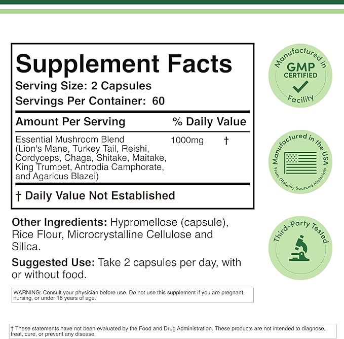 Double Wood Supplements Mushroom Complex Supplement - 1,000mg - 10 Most Essential Mushrooms (Lion's Mane, Reishi, Cordyceps, and More), 120 Capsules