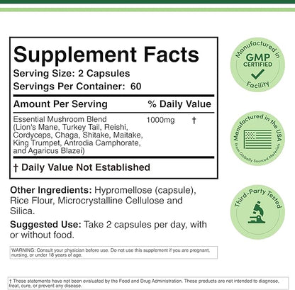Double Wood Supplements Mushroom Complex Supplement - 1,000mg - 10 Most Essential Mushrooms (Lion's Mane, Reishi, Cordyceps, and More), 120 Capsules