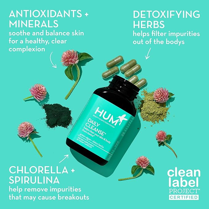 HUM Daily Cleanse Acne Supplement - Gut Cleanse Detox for Clear Skin with Organic Algae, Detoxifying Herbs, Zinc & Spirulina | Clear Skin Supplement (60 Capsules)