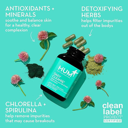 HUM Daily Cleanse Acne Supplement - Gut Cleanse Detox for Clear Skin with Organic Algae, Detoxifying Herbs, Zinc & Spirulina | Clear Skin Supplement (60 Capsules)