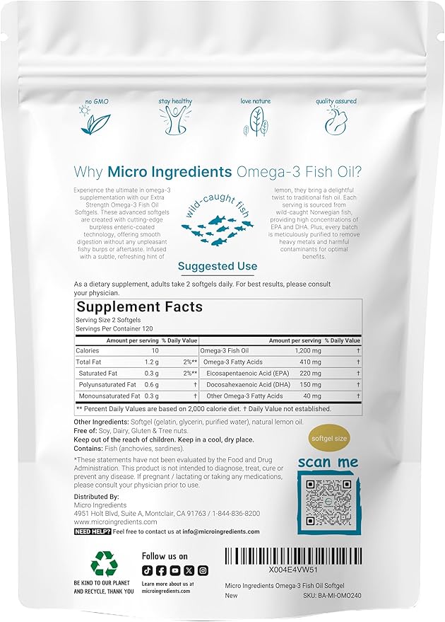 Micro Ingredients Extra Strength Omega 3 Fish Oil Supplements 1,200mg Per Serving, 240 Softgels | Lemon Flavored | Burpless | Essential Fatty Acids | EPA 220mg + DHA 150mg | Deep Sea Fish