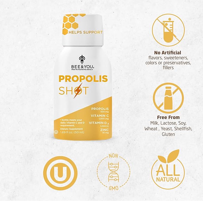 BEE and You Immune Support 100% Natural Propolis Shot Supplement, Antioxidants, Vitamin C, VIT D3, Zinc, Orange Juice, Raw Honey, 1.69 fl. oz x 12 Bottles