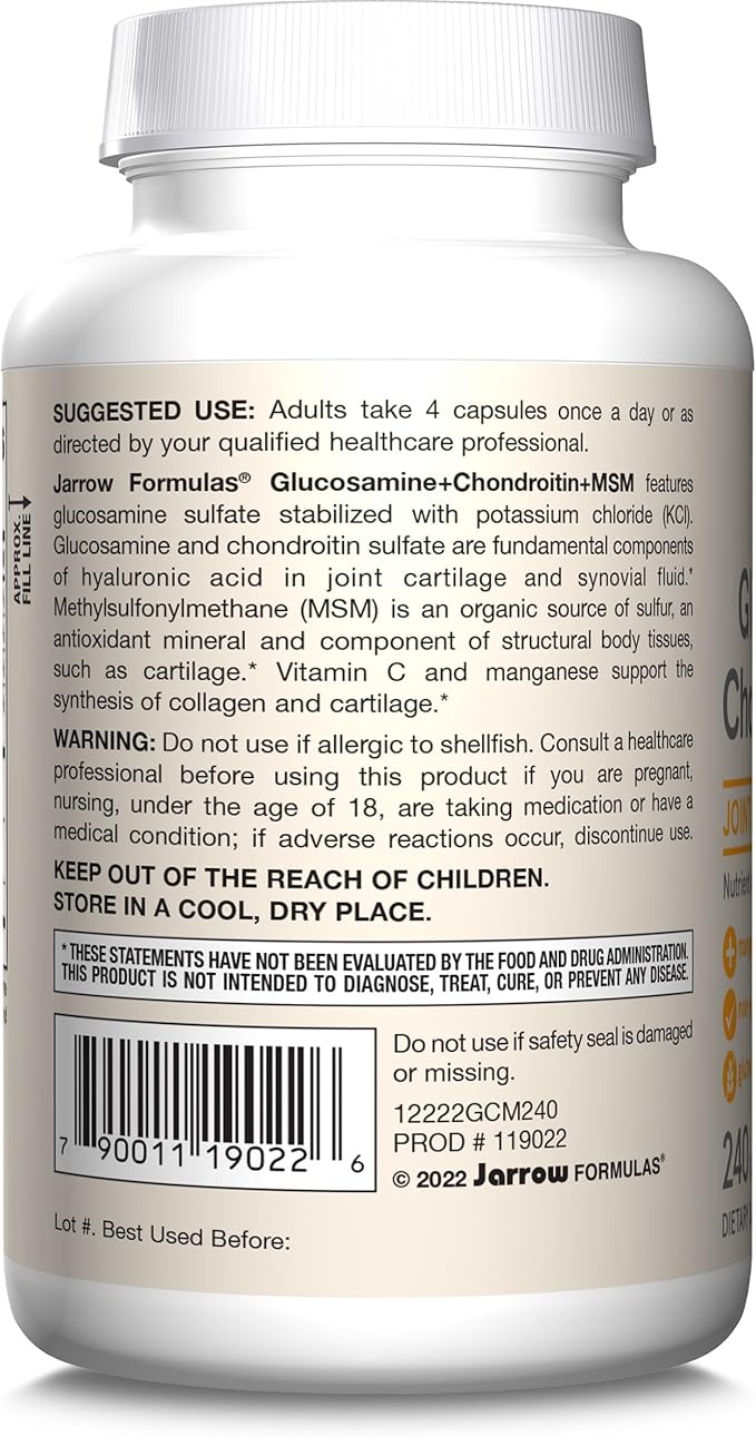 Jarrow Formulas Glucosamine + Chondroitin + MSM Capsules, Joint Support Supplement with Vitamin C and Manganese, 240 Capsules, 60 Day Supply, Pack of 12