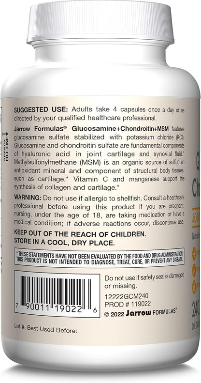 Jarrow Formulas Glucosamine + Chondroitin + MSM Capsules, Joint Support Supplement with Vitamin C and Manganese, 240 Capsules, 60 Day Supply, Pack of 12