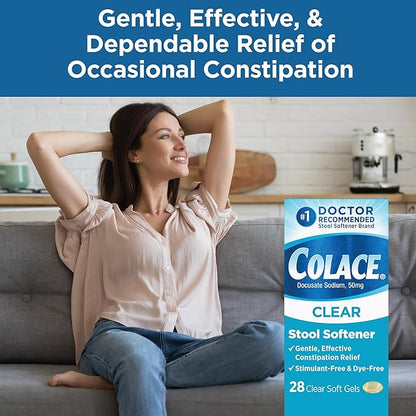 Colace Clear Stool Softener Soft Gel Capsules Constipation Relief 50mg Docusate Sodium Doctor Recommended 28ct