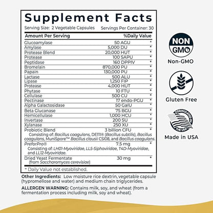 4-in-1 Prebiotic Probiotic & Postbiotic for Women & Men, Complete Gut & Digestive Support Supplement, Pre Post Probiotics & Digestive Enzymes 60 Capsules,Made in USA
