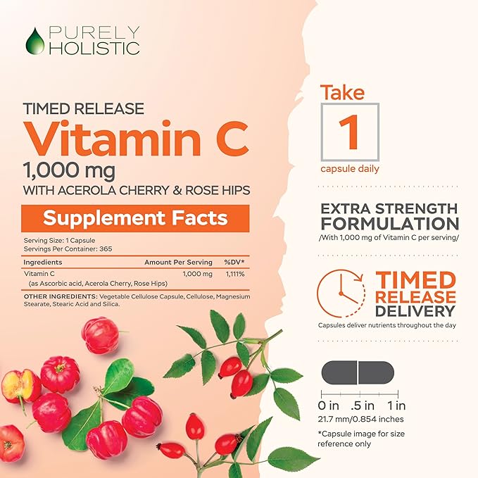 Purely Holistic Vitamin C 1000mg + Organic Elderberry Syrup Bundle - 365 Vegan Capsules + 16 fl oz - with Rosehip, Acerola Cherry, Propolis Echinacea & More - Made in USA