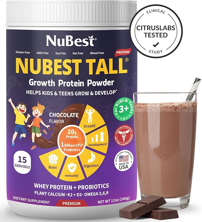 NuBest Tall Protein Powder for Kids & Teens - Chocolate Protein Powder Shake - Protein Drink with Probiotics, Omega 3-6-9, Vitamin D3 + K2, Calcium, Vitamins - Bone Strength and Immunity - Pack 3