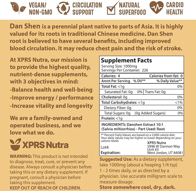XPRS Nutra Dan Shen Root Extract Powder 10:1- Premium Dan Shen (Red Sage) Concentrated Powder - Vegan Friendly Danshen (8 oz)