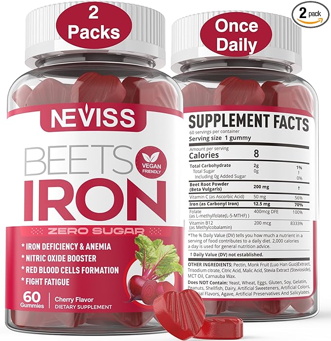 Beet Root Gummies with Iron, Methyl B12, Folate, Vitamin C - Made in USA - Increase Nitric Oxide & Iron Levels, Energy Support, Fight Fatigue, Beetroot & Gentle Iron Supplement, Sugar Free, 120 Count