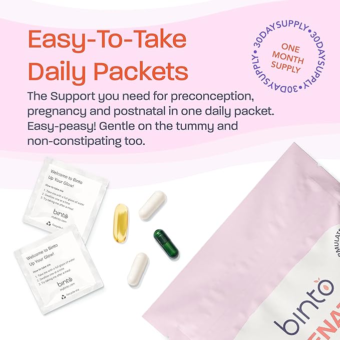 Binto Prenatal Kit - 4-in-1 Supplements for Healthy Mom & Baby - 30 Day Supply - Multivitamin, Probiotics, Iron, DHA, Methylated Folate & Folic Acid - Non-GMO, Gluten-Free, Vegetarian