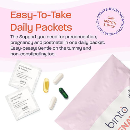 Binto Prenatal Kit - 4-in-1 Supplements for Healthy Mom & Baby - 30 Day Supply - Multivitamin, Probiotics, Iron, DHA, Methylated Folate & Folic Acid - Non-GMO, Gluten-Free, Vegetarian