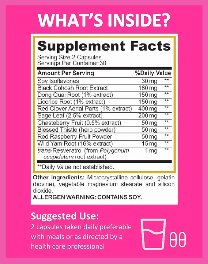 Potent Garden Menopause Relief Supplement with Black Cohosh, Soy Isoflavones, and Don Quai, Hot Flash Relief & Night Sweats Relief for Women, Non-GMO, 60 Capsules, 30 Servings