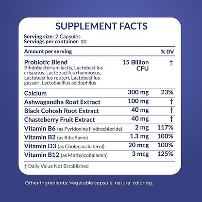 Natural Menopause Supplements for Women - Perimenopause Supplements for Hormonal Balance, Bloating & Mood Swings | Hot Flashes Menopause Relief w/Probiotics & Prebiotics, Black Cohosh & Chasteberry
