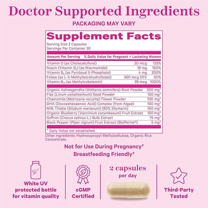 Pink Stork Postpartum Mood Support - Postnatal Hormone Balance for Women - Breastfeeding Friendly - Stress & Cognitive Support, New Mom Essentials - Ashwagandha, Chamomile, & Vitamin D, 120 Capsules