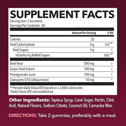 Beet Root Gummies with COQ10 & Pomegranate - Nitric Oxide Supplement for Men and Women - Beetroot for Endurance, Performance, Recovery - Vegan, Non-GMO, Gluten Free - Mixed Berry Flavor, 120 Count