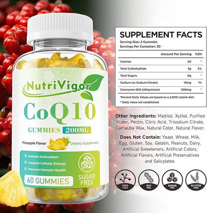 CoQ10 Gummies, Coenzyme Q10 Supplement 200 mg, High Absorption CoQ10 Supplement for Cellular Energy and Immune Health, Vegan, Gluten Free, Pineapple Flavor, 120 Count