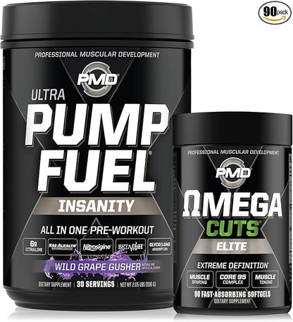 PMD Sports Ultra Pump Fuel Insanity - Pre Workout - Grape Gusher (30 Servings) Sports Omega Cuts Elite Thermogenic Fat Burner (90 Softgels)