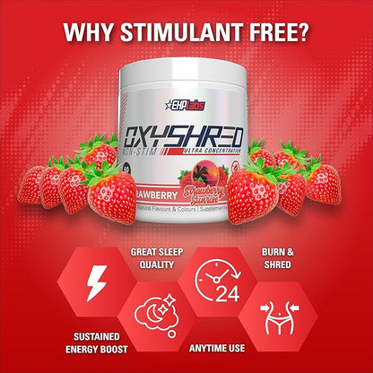 EHP Labs OxyShred Non Stimulant Pre Workout Powder - Stim Free, Caffeine Free Preworkout for Men & Women - Non Stim Preworkout - Sugar Free Energy Powder - Strawberry, 60 Servings