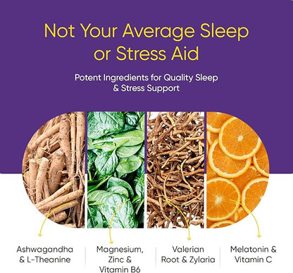 De-Stress & Sleep Supplement - 10-in-1 Natural Sleep Aid for Adults, Daily Multivitamin with Magnesium, Melatonin, Ashwagandha, L Theanine, Valerian Root, Sleeping Pills for Men and Women, 30 Pack