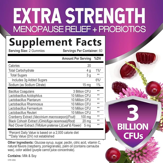 Menopause Supplements for Women - Probiotic for Women Gummy, 3 Billion CFU Natural Menopause Relief for Mild Hot Flashes & Night Sweats, PH, Vaginal Health Support, Probiotic Supplement - 120 Gummies