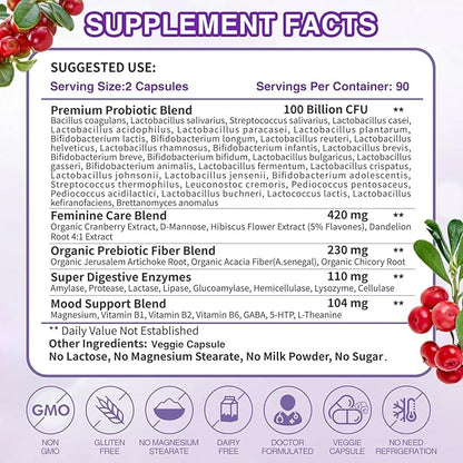ZEBORA Probiotics for Women Digestive Health with Enzymes & Prebiotics, Vaginal Probiotics with D Mannose & Cranberry, 100 Billion CFUs Probiotic for Gut Health & Urinary Tract Balance, 90 Servings