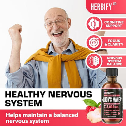 Lions Mane Supplement - Daily Mushroom Supplement for Memory, Focus & Clarity - Brain Booster - Lions Mane Tincture for Natural Immune Support - 4 Fl Oz Raspberry Flavor