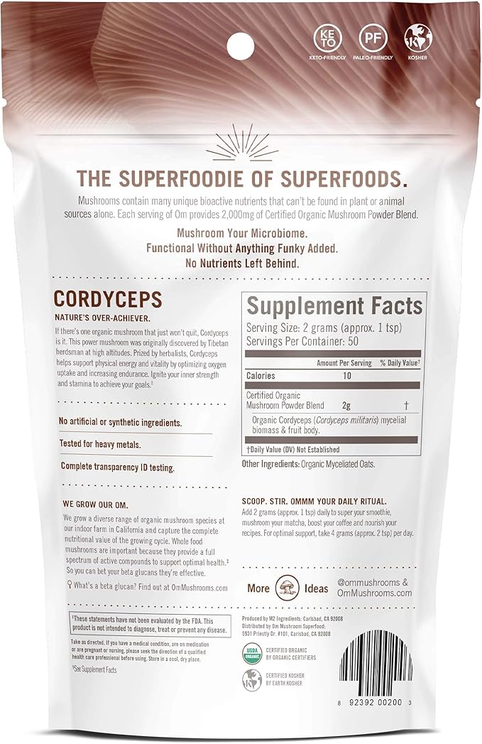 OM MUSHROOM SUPERFOOD Cordyceps Organic Mushroom Powder, 3.5 Ounce, 50 Servings, Energy, Power, Stamina and Endurance Support, Superfood Supplement for Sports Performance