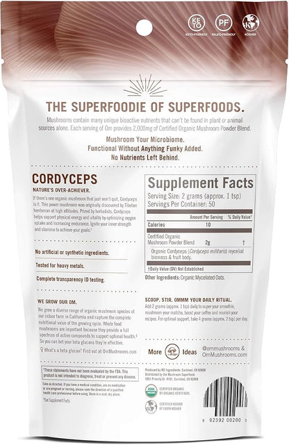 OM MUSHROOM SUPERFOOD Cordyceps Organic Mushroom Powder, 3.5 Ounce, 50 Servings, Energy, Power, Stamina and Endurance Support, Superfood Supplement for Sports Performance