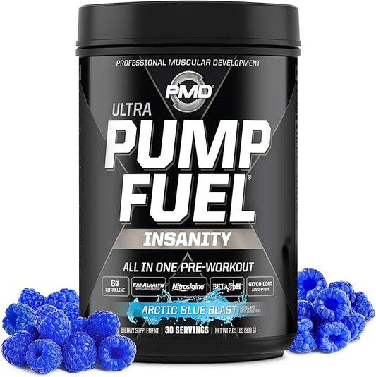 PMD Sports Ultra Pump Fuel Insanity - Pre Workout Drink Mix for Energy, Strength, Endurance, Recovery - Complex Carbohydrates and Amino Energy - Arctic Blue Blast (30 Servings)