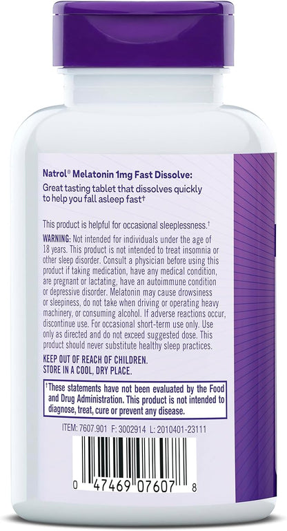 Natrol Fast Dissolve Melatonin 1 mg, Supplements for Restful Sleep, Sleep Support for Adults, 200 Strawberry-Flavored Melatonin Tablets, Up to a 200 Day Supply