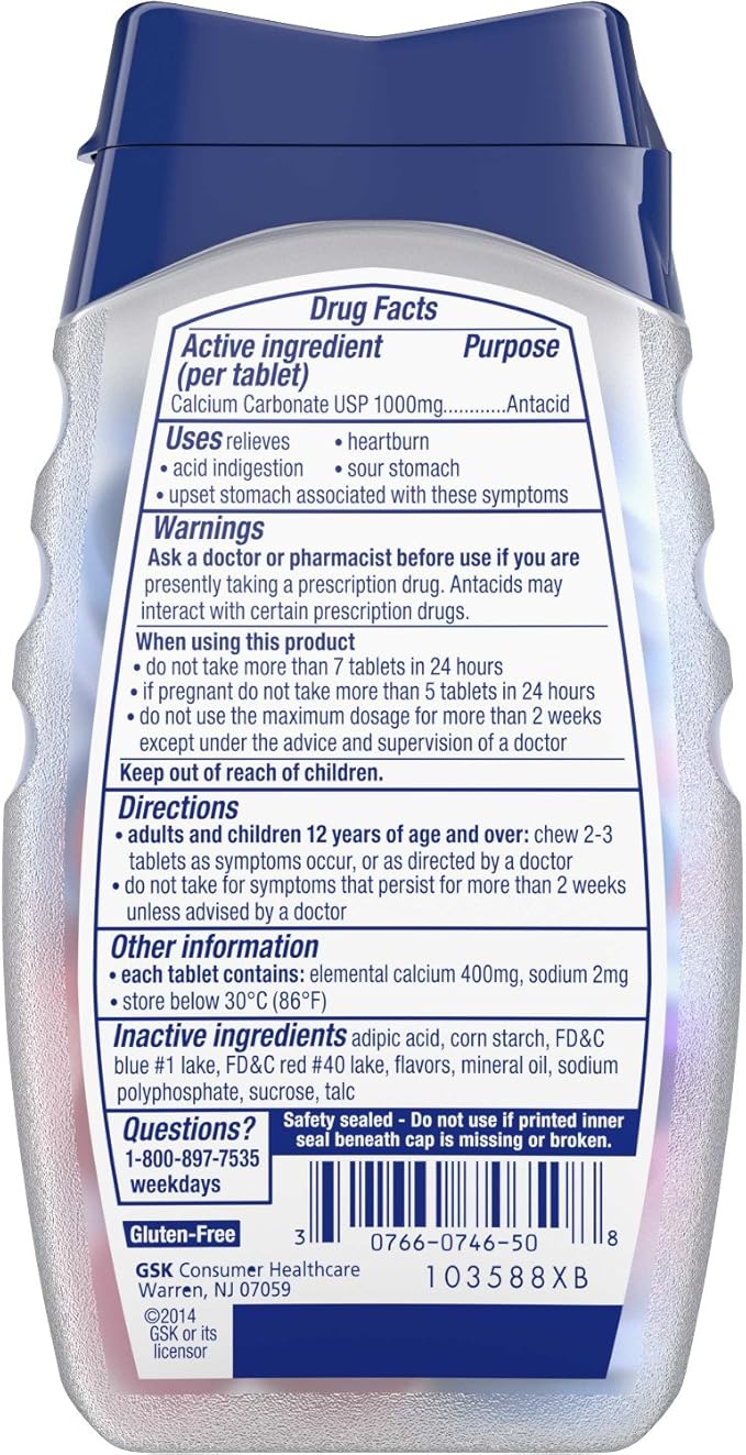 TUMS Ultra Strength Chewable Antacid Tablets for Heartburn Relief and Acid Indigestion Relief, Assorted Berries - 72 Count (Pack of 2)