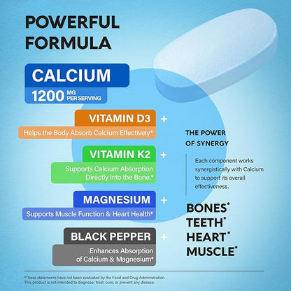 Calcium Supplement for Women - Calcium 1200 mg with Vitamin D3 & K2 - Bone Health, Strength & Density - High Absorption, Slow Release - Made in USA - Citrate & Carbonate Form - 180 Tablets for 2 Month