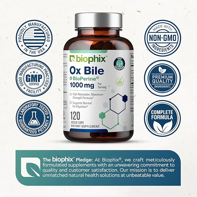 biophix Ox Bile 1000 mg with BioPerine 120 Veggie Capsules - High Absorption Digestive Enzymes Supplement - Liver Metabolic GI Fat Metabolism Support