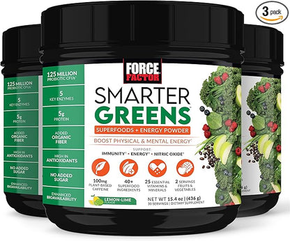 FORCE FACTOR Smarter Greens Superfoods + Energy Powder to Boost Energy & Support Digestion, Gut Health, Bloating, Greens Powder with Digestive Enzymes, Probiotics & Prebiotics, Lemon Lime, 90 Servings