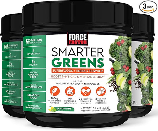FORCE FACTOR Smarter Greens Superfoods + Energy Powder to Boost Energy & Support Digestion, Gut Health, Bloating, Greens Powder with Digestive Enzymes, Probiotics & Prebiotics, Lemon Lime, 90 Servings