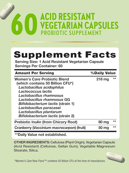 Nature's Truth Raw Flora Probiotics for Women | 50 Billion CFU | 60 Capsules | with Cranberry & Prebiotic | Vegetarian & Gluten Free Vitamins