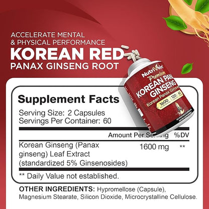 Nutrivein Premium Korean Red Panax Ginseng Supplement 1600 mg - 120 caps - Powerful Korean Red Ginseng for Vitality, Clarity, Performance, & Defenses