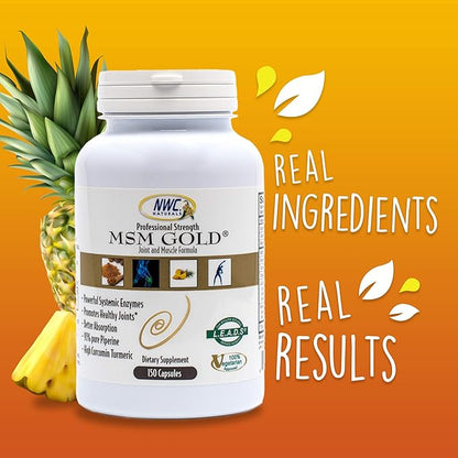 NWC Naturals MSM Gold – Systemic Enzyme Supplement with Turmeric, Tomato Lycopene & BioPerine for Nutrient Absorption – Joint & Muscle Support – 150 Antioxidant-Rich Vegetarian Capsules
