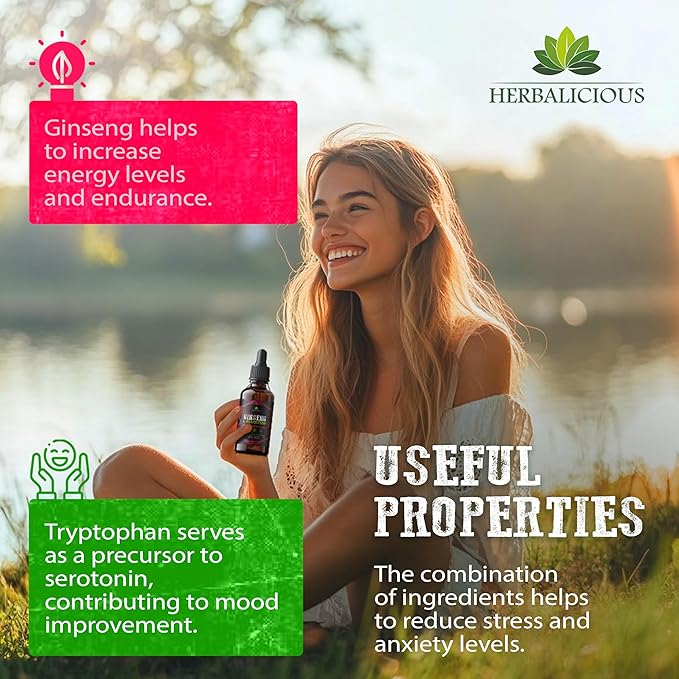 Ginseng L-Tryptophan Liquid - Ashwagandha, Ginkgo, Red Korean Panax - Drops Dietary Supplement Natural Stress Relief, Mood Booster, Sleep Aid & Calming Support - Non-GMO Vegetarian Formula (4 fl oz )